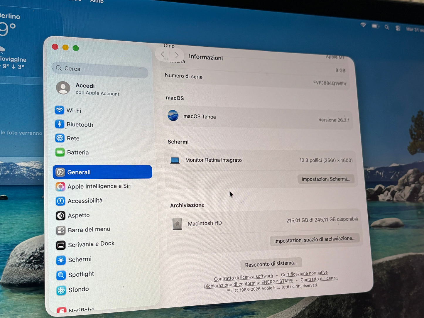 MacBook Air 13" M1 2020 | 8GB RAM | 256GB SSD | 7-Core GPU | Grigio