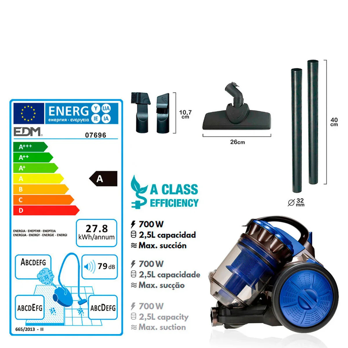 Aspirapolvere senza Sacchetto EDM 07696 Azzurro 700 W - Yestore
