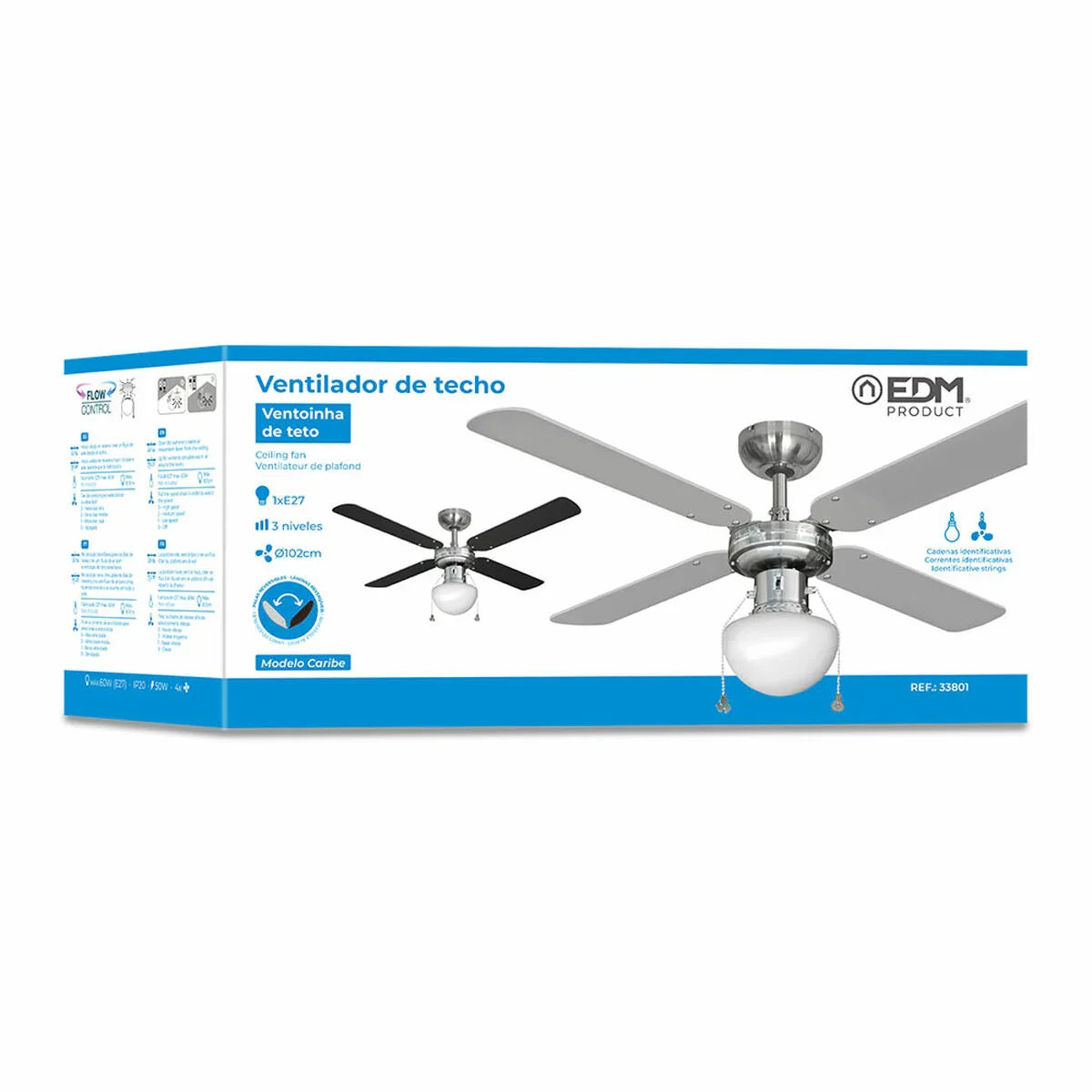 Ventilatore da Soffitto con Luce EDM 33801 Caribe Argentato 50 W - Yestore
