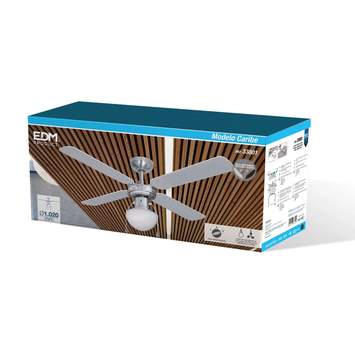 Ventilatore da Soffitto con Luce EDM 33801 Caribe Argentato 50 W - Yestore