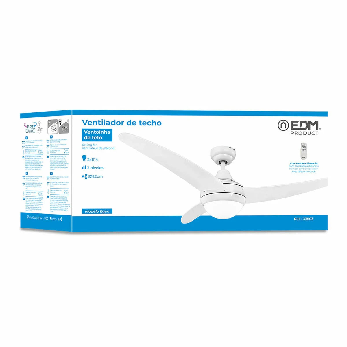 Ventilatore da Soffitto con Luce EDM 33803 Egeo Bianco 60 W - Yestore