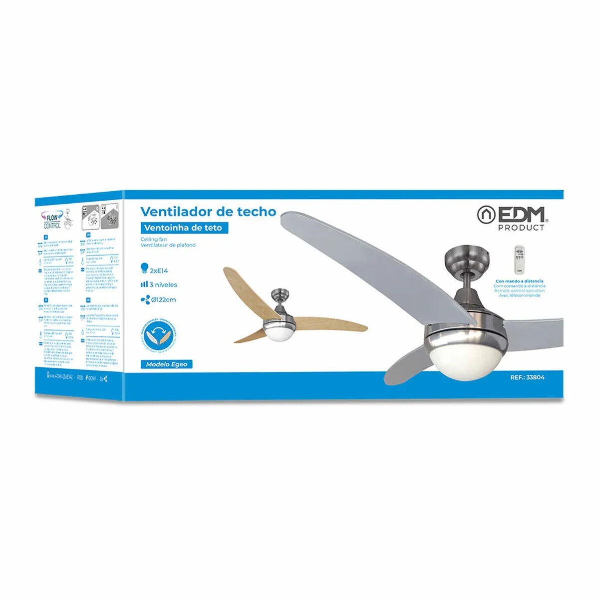 Ventilatore da Soffitto con Luce EDM 33804 Egeo Argentato 60 W - Yestore