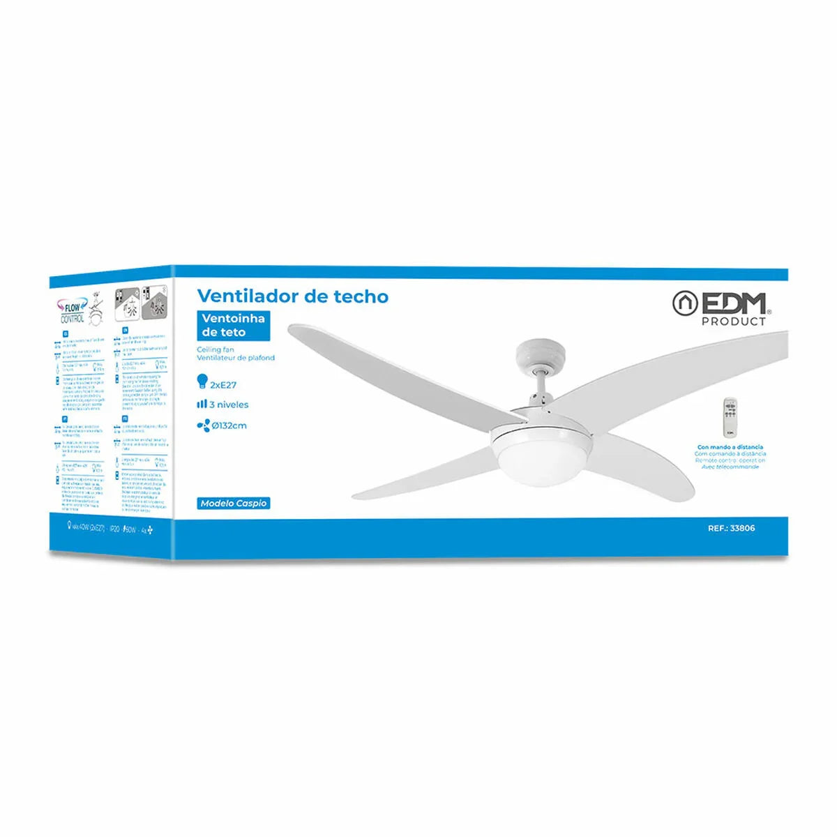 Ventilatore da Soffitto con Luce EDM 33806 Caspio Bianco 60 W - Yestore