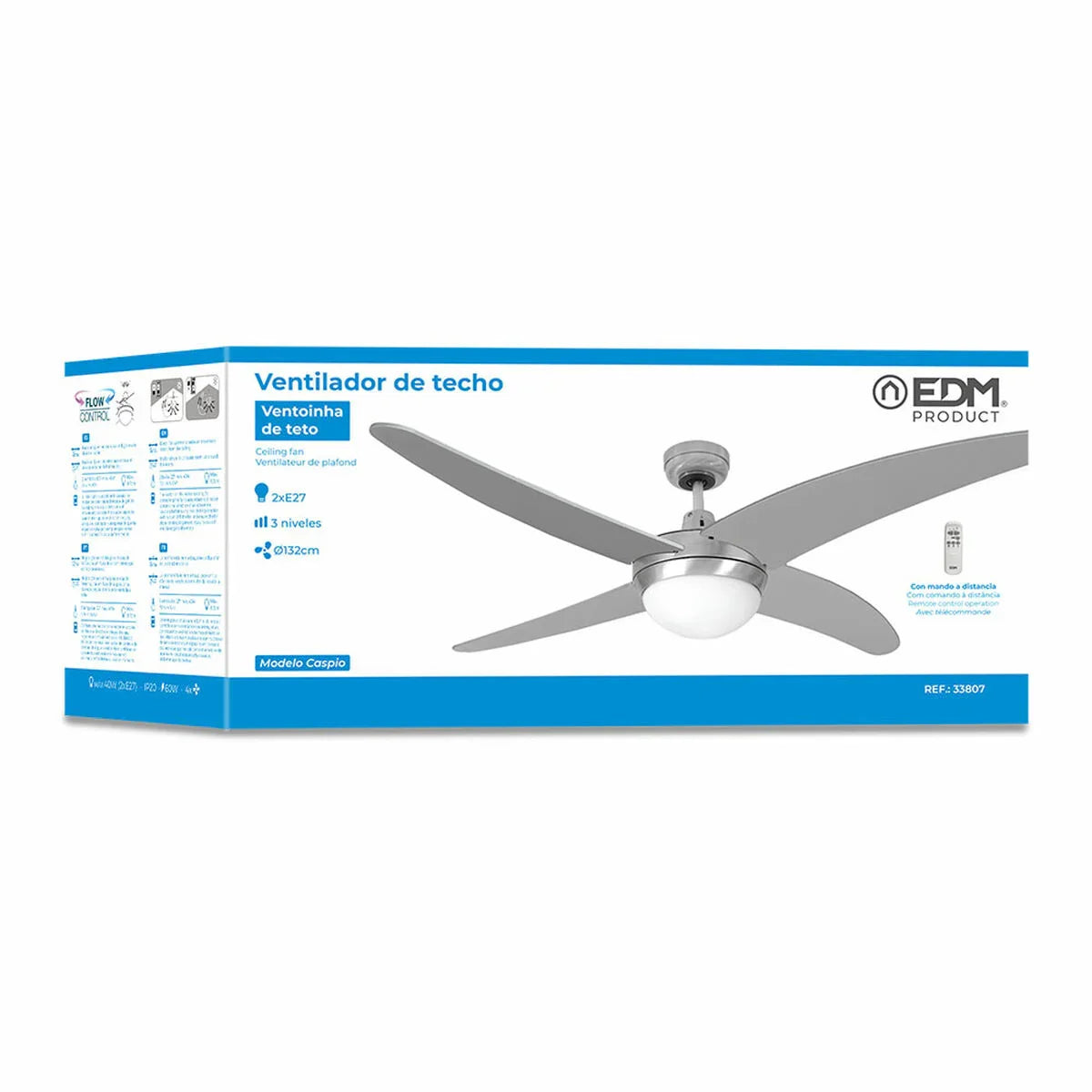 Ventilatore da Soffitto con Luce EDM 33807 Caspio Argentato 60 W - Yestore