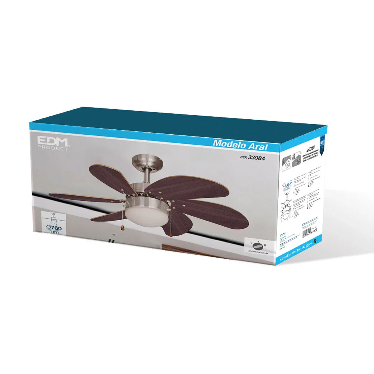 Ventilatore da Soffitto con Luce EDM 33984 Aral Wengue nichel 50 W - Yestore