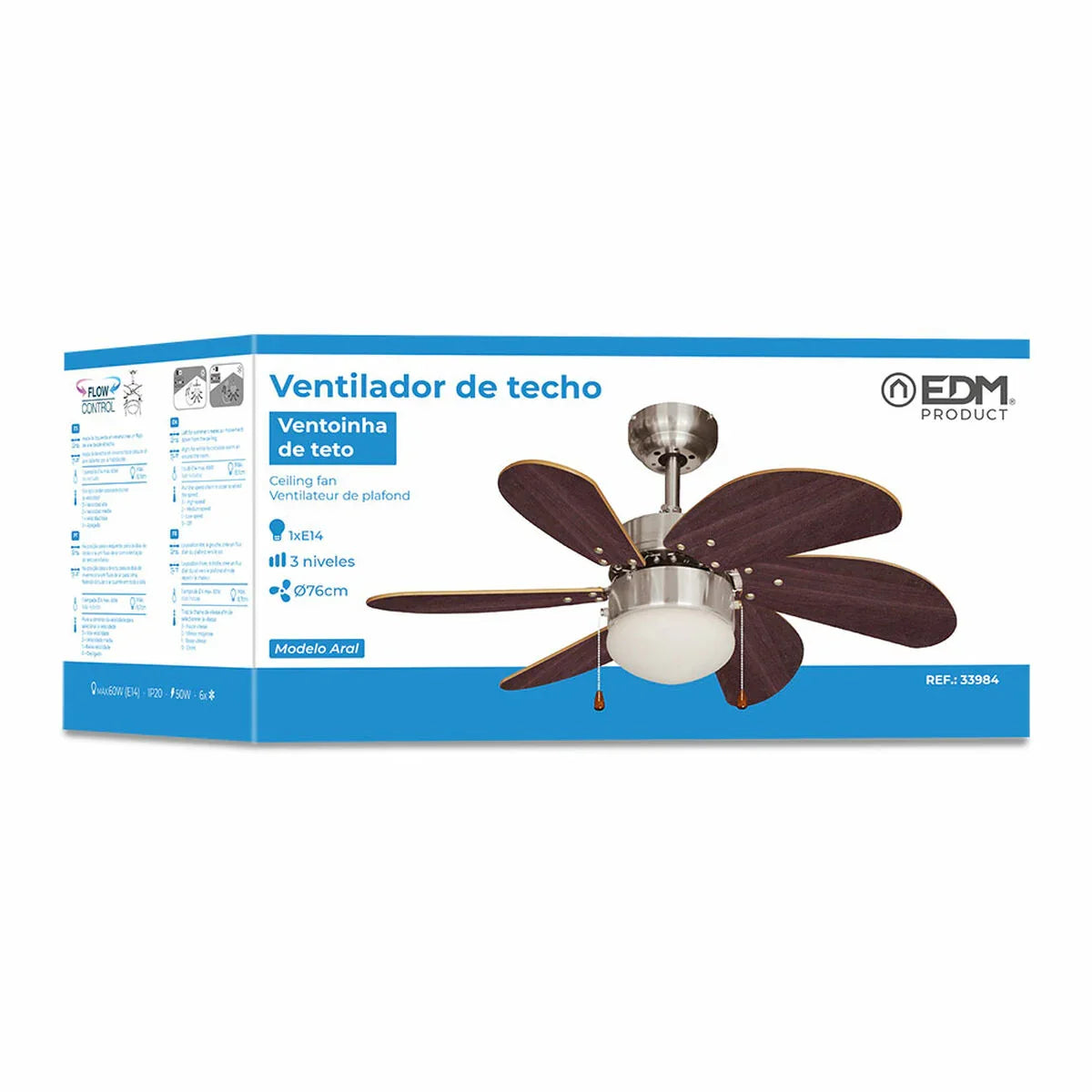 Ventilatore da Soffitto con Luce EDM 33984 Aral Wengue nichel 50 W - Yestore