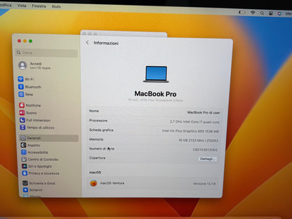 MacBook Pro 13" 2018 | i7 | 16GB RAM | 512GB SSD | Touch Bar | Grigio