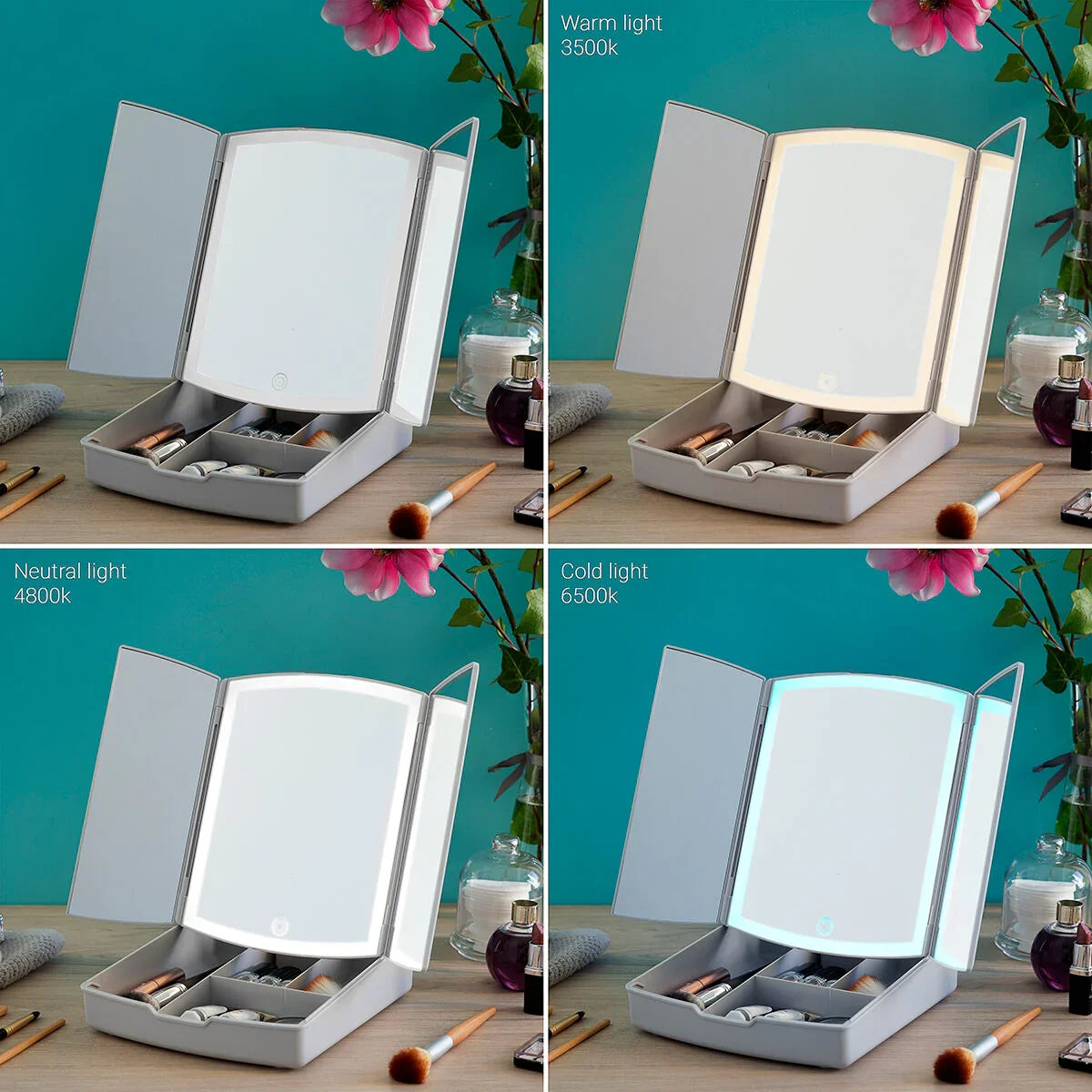 Specchio Pieghevole LED 3 In 1 con Organizzatore Trucchi - Yestore